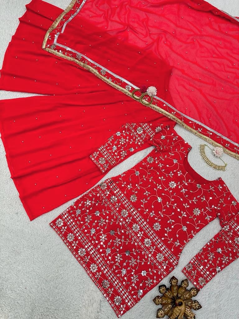 Red georgette sharara suit for wedding