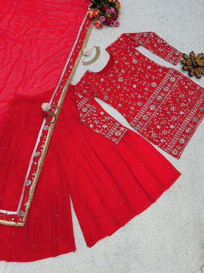 Red georgette sharara suit for wedding