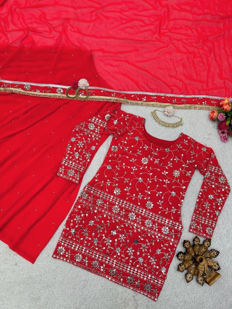 Red georgette sharara suit for wedding