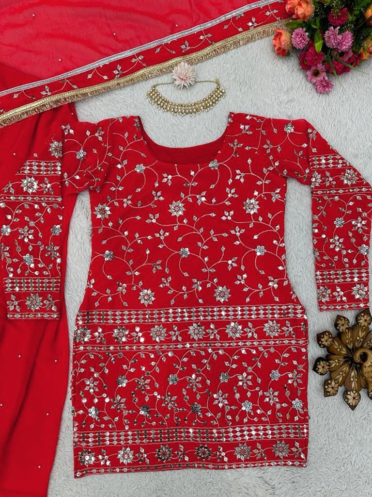 Red georgette sharara suit for wedding