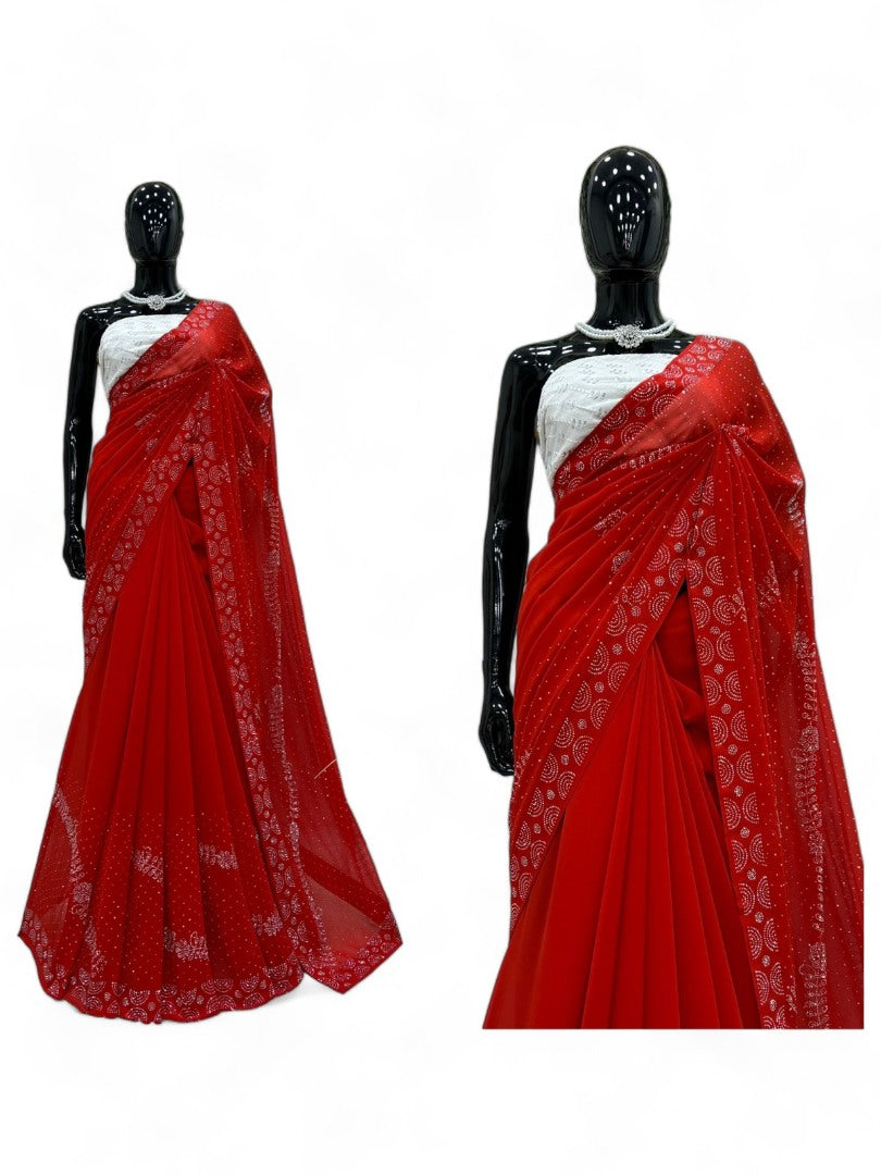 Red georgette shiny hot fix work party wear saree