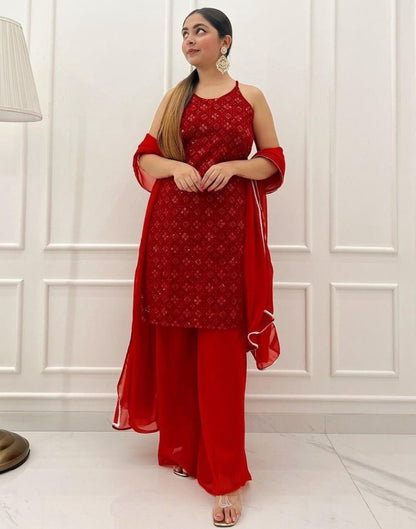 Red georgette thread and sequence embroidery work plazzo suit