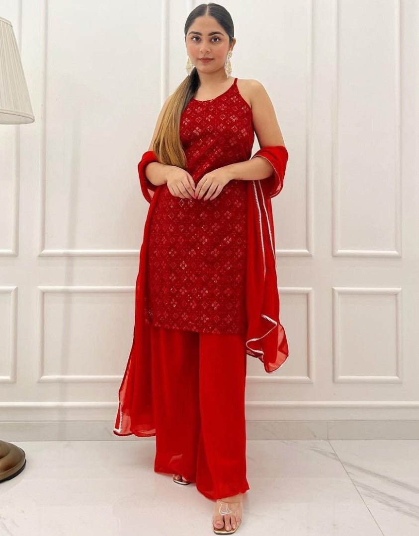 Red georgette thread and sequence embroidery work plazzo suit