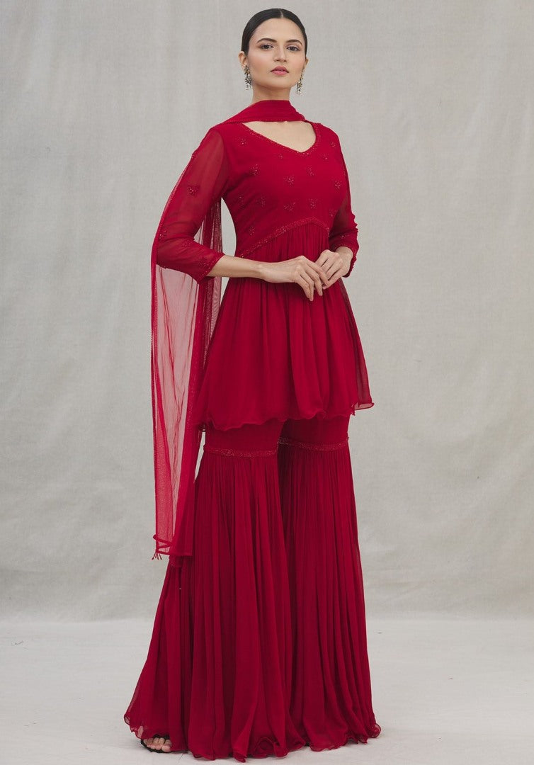 Red georgette thread embroidered sharara salwar suit