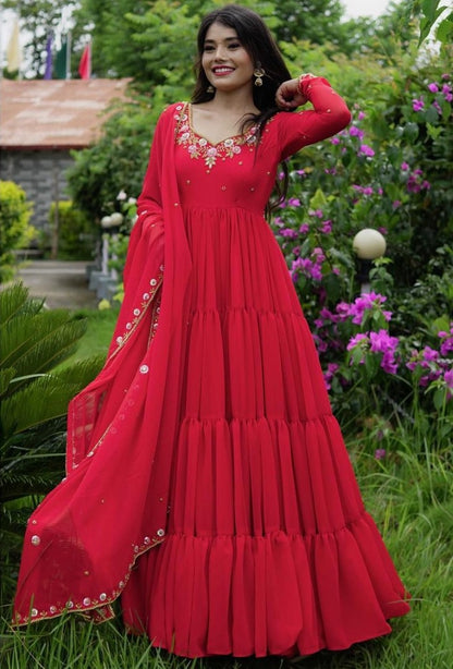 Red georgette thread sequence work heavy flair party wear gown