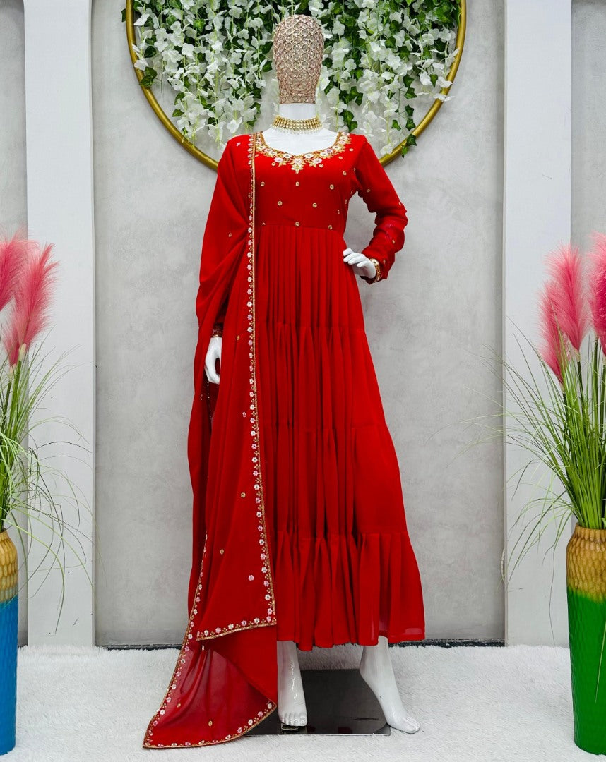 Red georgette thread sequence work heavy flair party wear gown