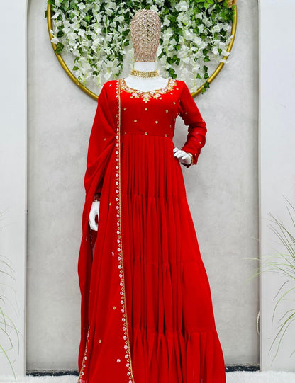 Red georgette thread sequence work heavy flair party wear gown