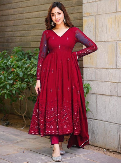 Red georgette thread sequence work party wear anarkali suit