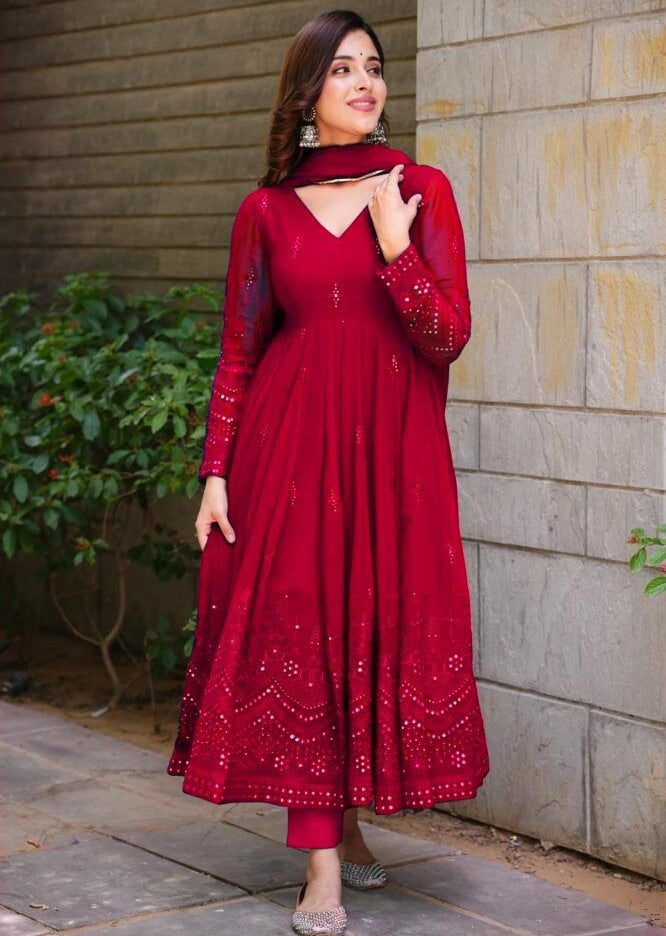 Red georgette thread sequence work party wear anarkali suit