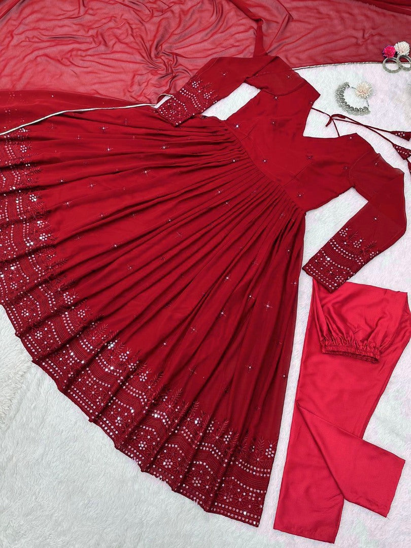 Red georgette thread sequence work party wear anarkali suit