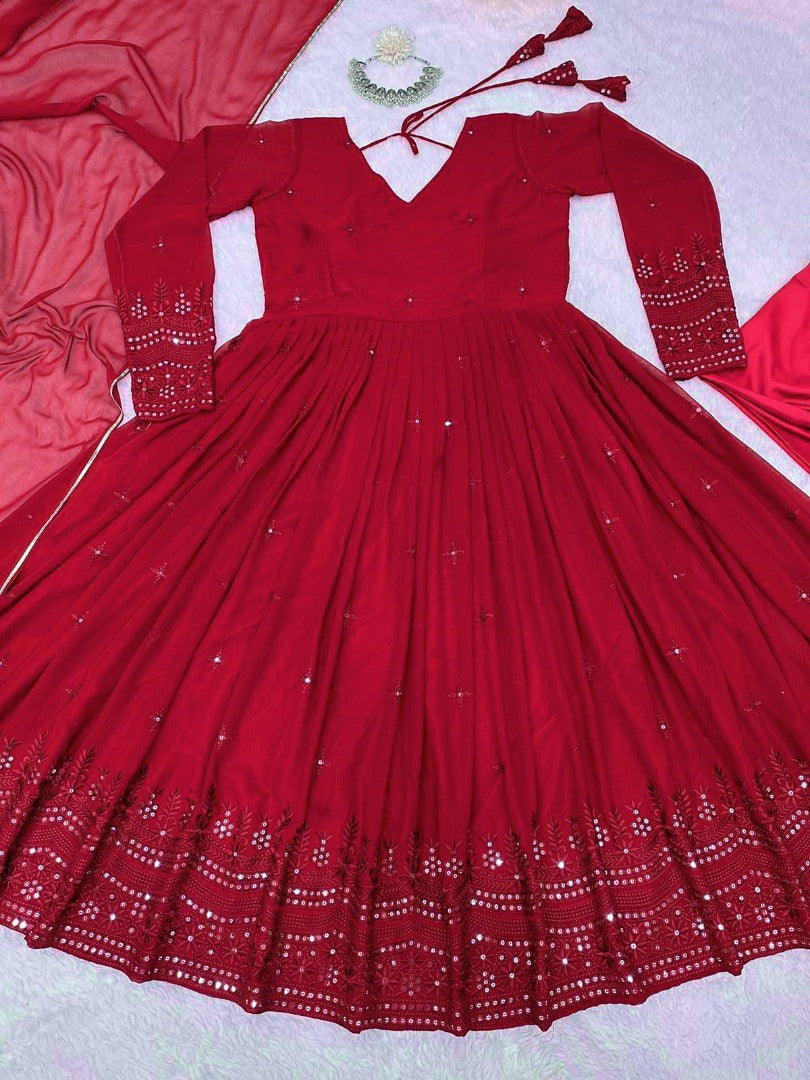 Red georgette thread sequence work party wear anarkali suit