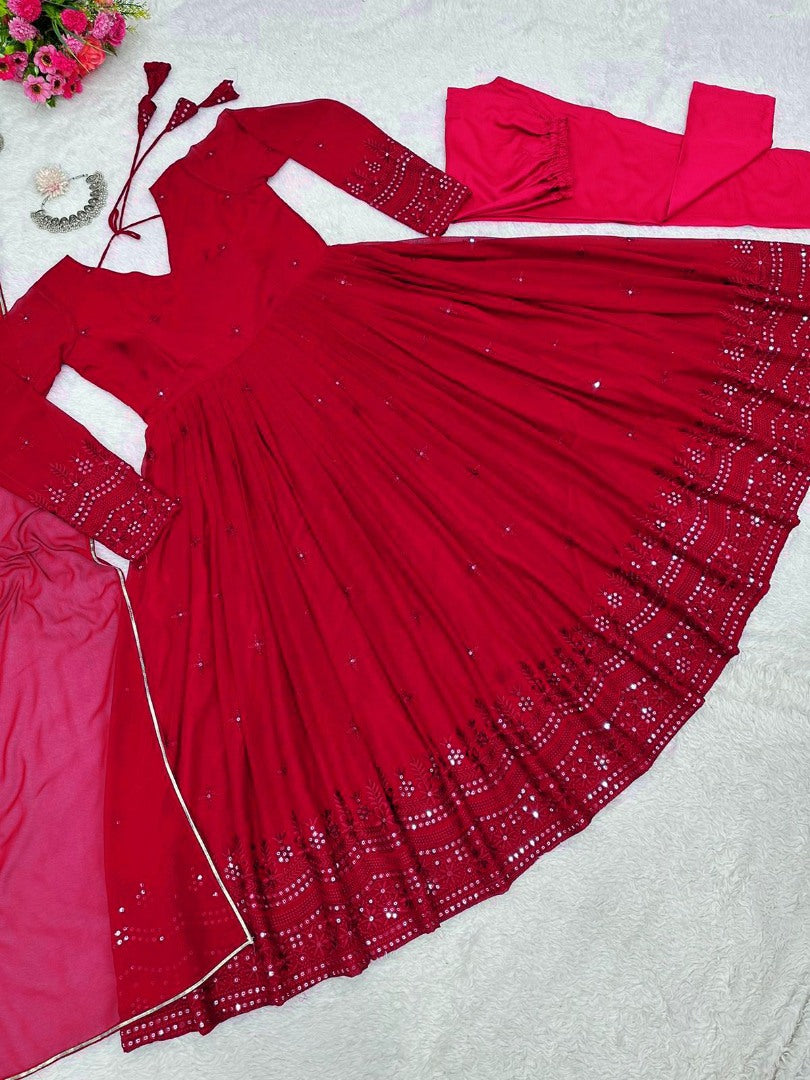 Red georgette thread sequence work party wear anarkali suit