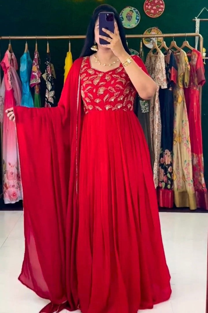 Red georgette thread work anarkali suit