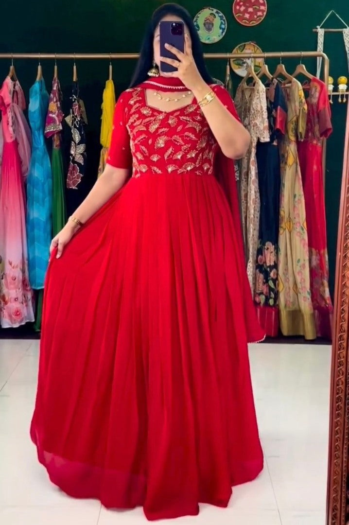 Red georgette thread work anarkali suit