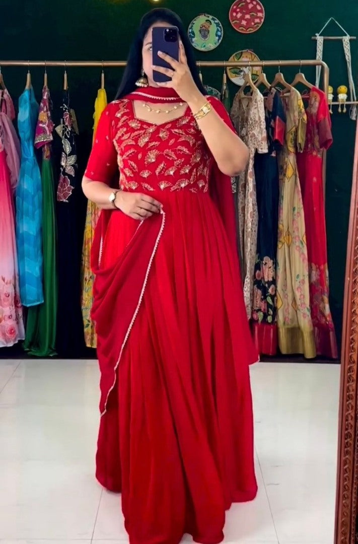 Red georgette thread work anarkali suit