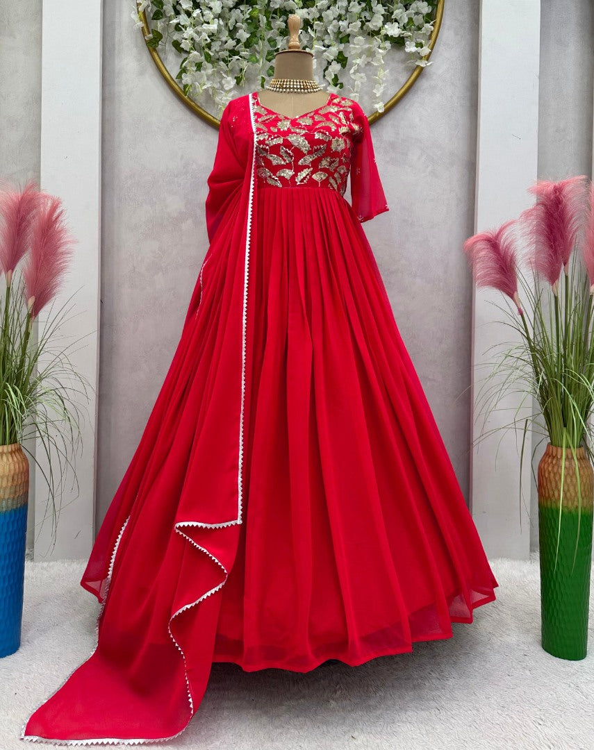 Red georgette thread work anarkali suit