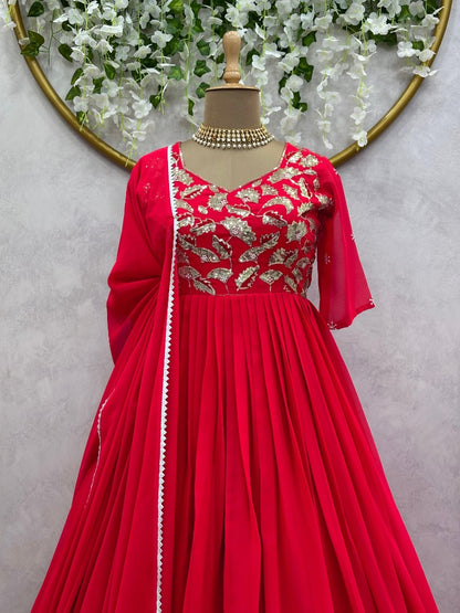 Red georgette thread work anarkali suit