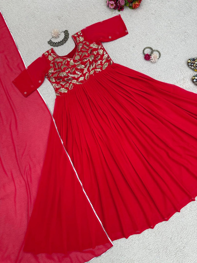 Red georgette thread work anarkali suit