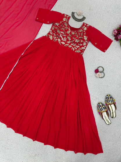 Red georgette thread work anarkali suit