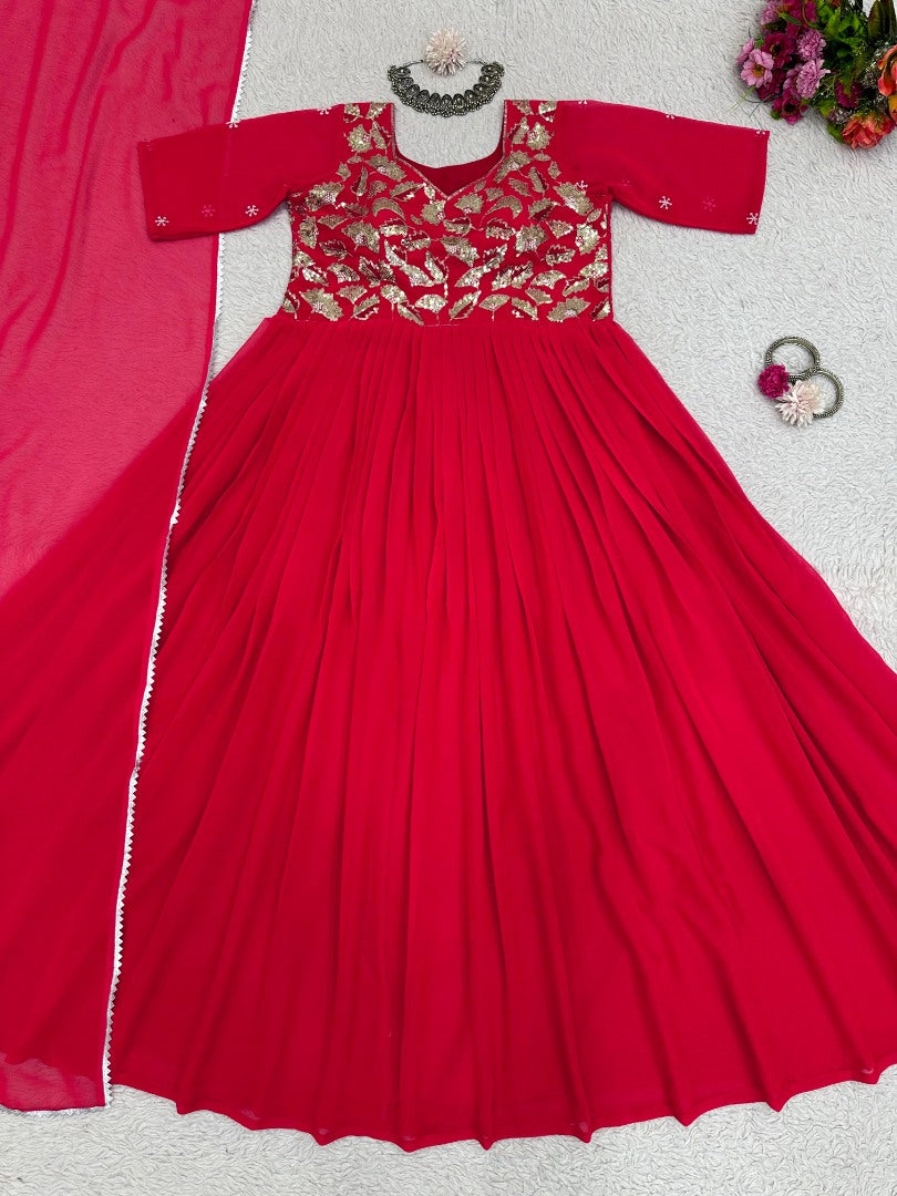 Red georgette thread work anarkali suit