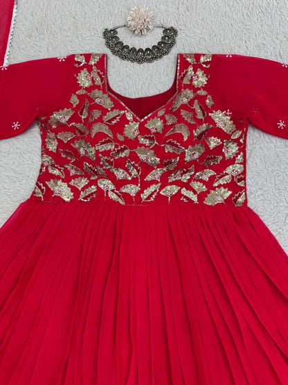 Red georgette thread work anarkali suit