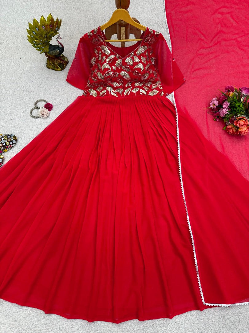 Red georgette thread work anarkali suit