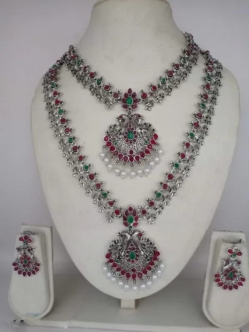 Red Green Silver Plated Necklace and Earring Set