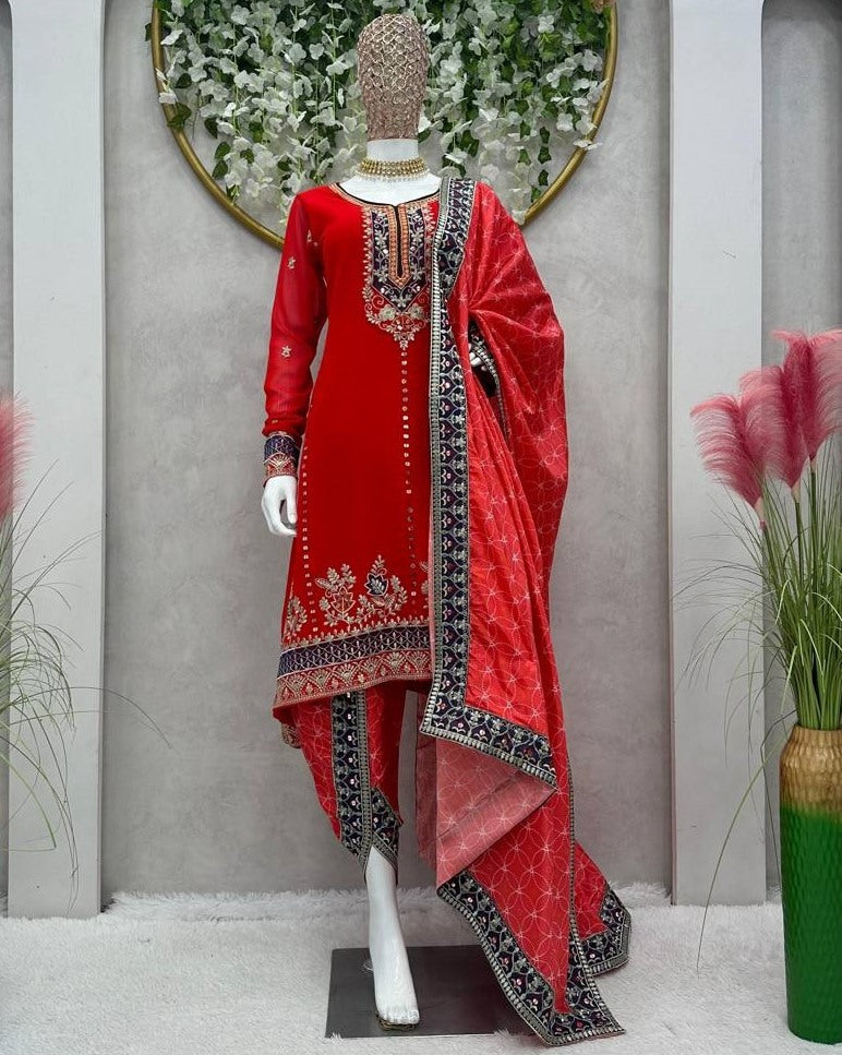 Red heavy work dhoti suit