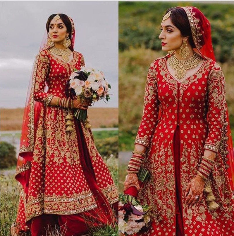 red milano silk embroidered bridal lacha with jacket