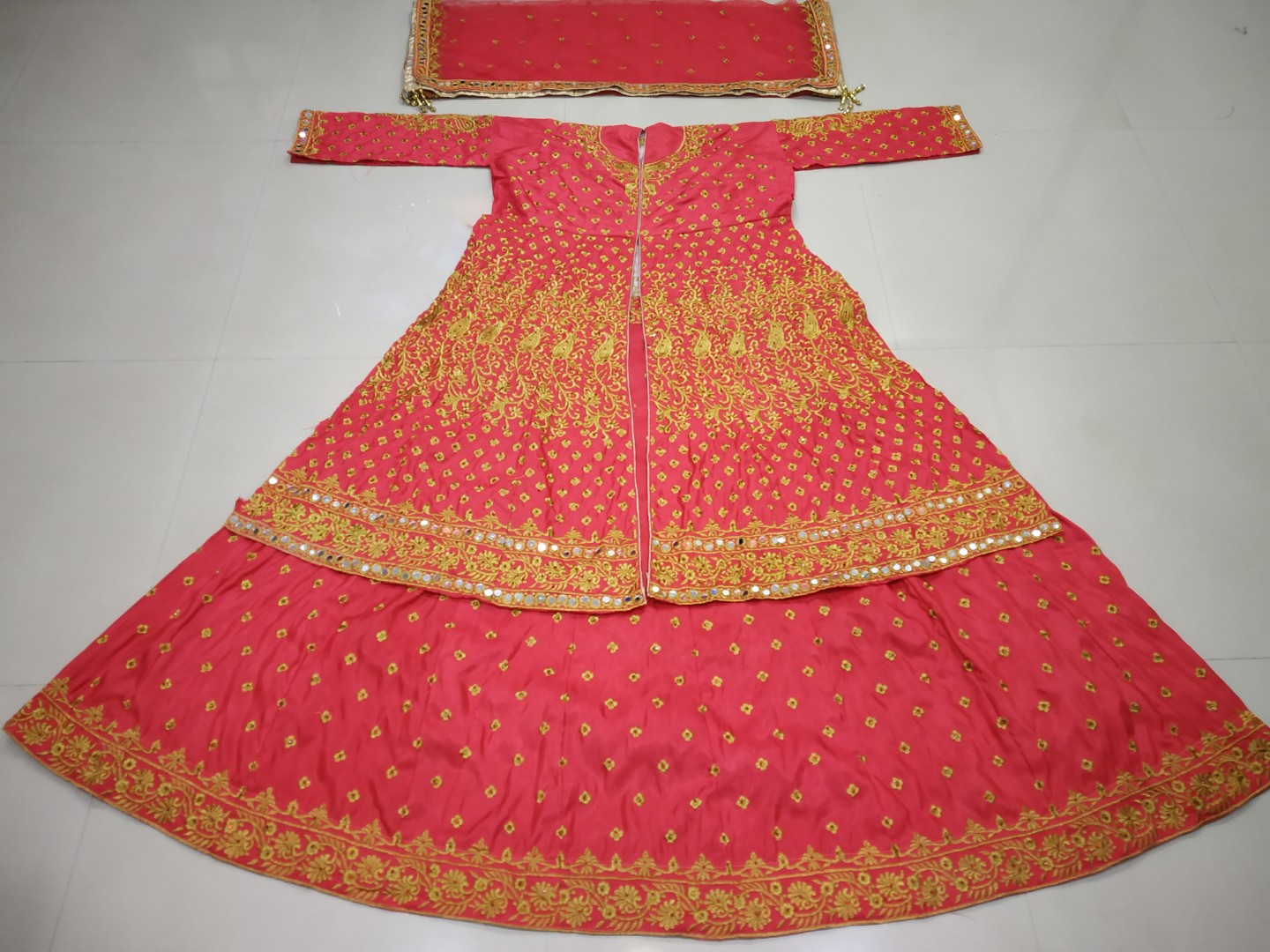 red milano silk embroidered bridal lacha with jacket