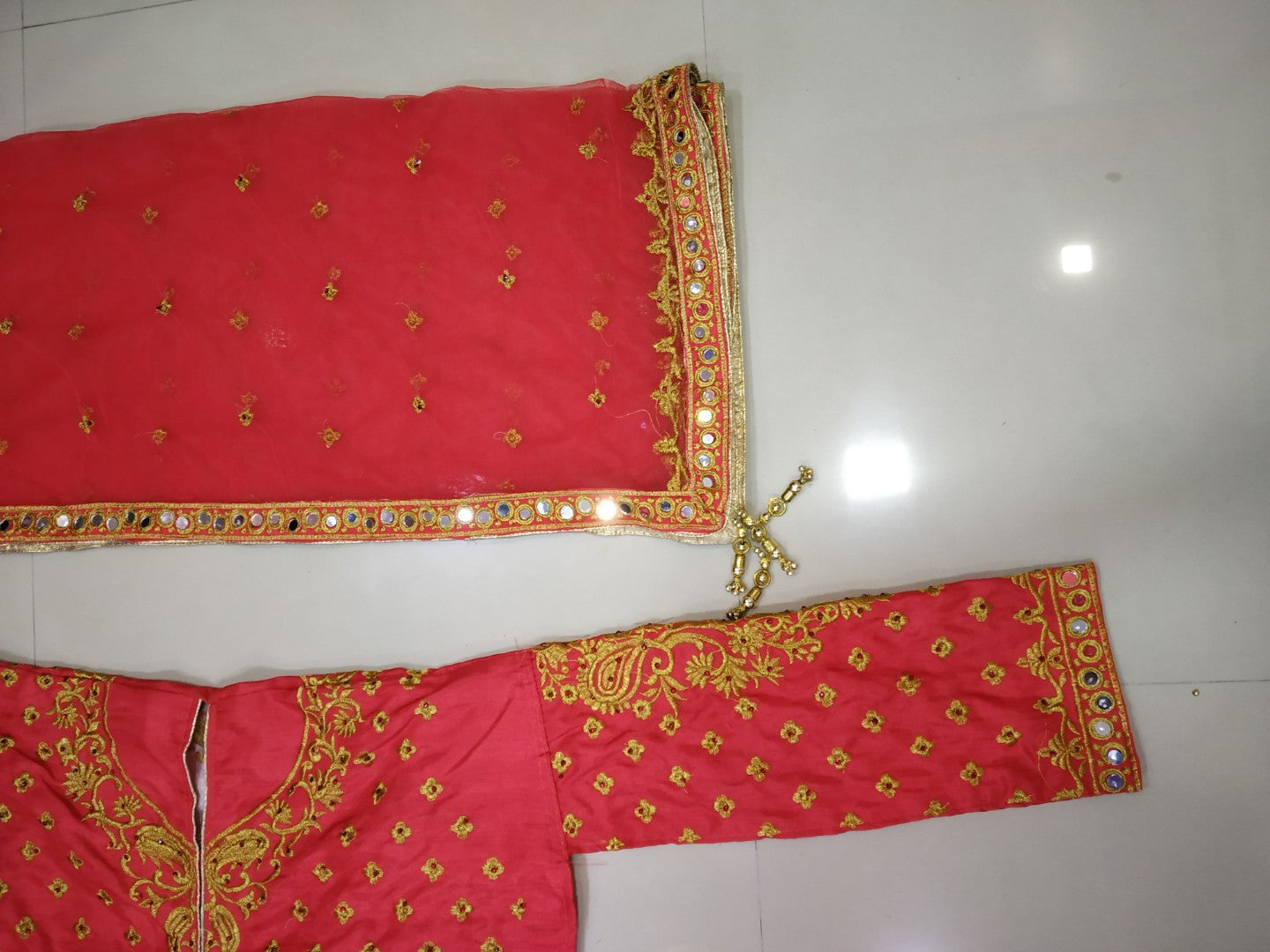 red milano silk embroidered bridal lacha with jacket