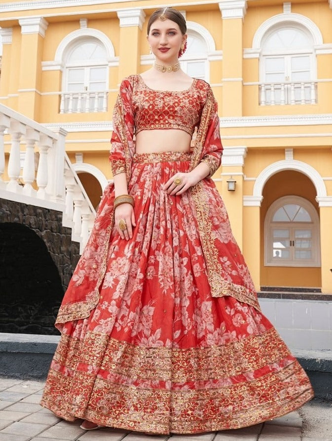 Red organza heavy embroidered sequence work wedding lehenga choli