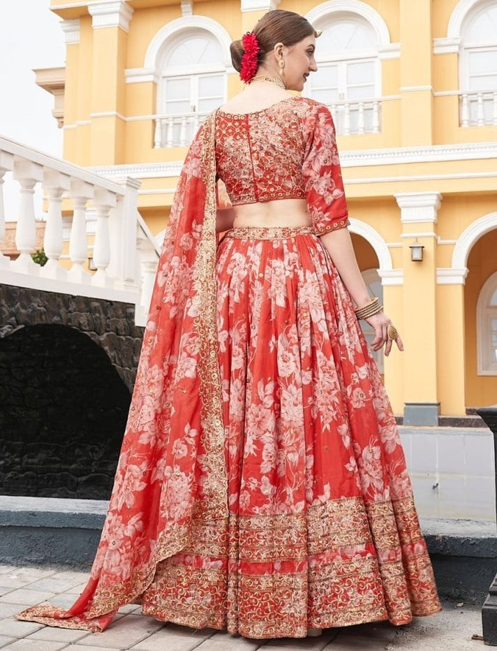 Red organza heavy embroidered sequence work wedding lehenga choli