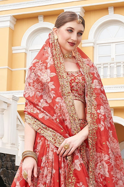 Red organza heavy embroidered sequence work wedding lehenga choli