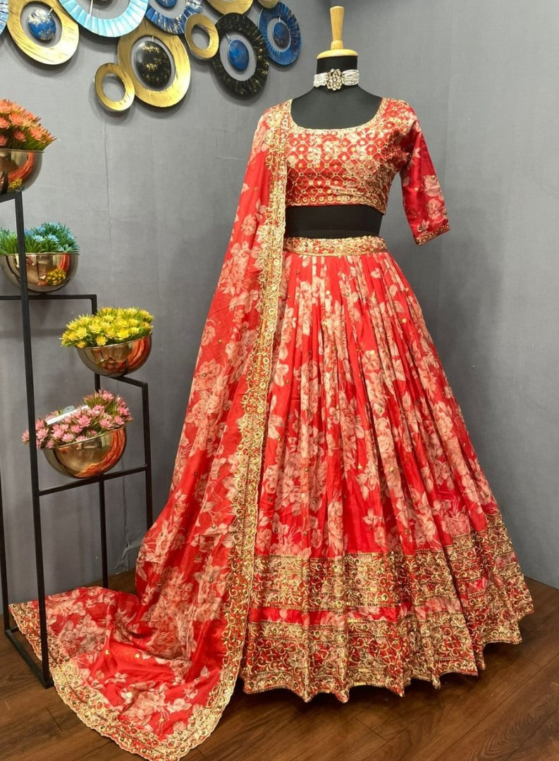 Red organza heavy embroidered sequence work wedding lehenga choli