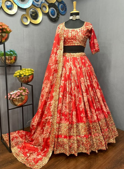 Red organza heavy embroidered sequence work wedding lehenga choli