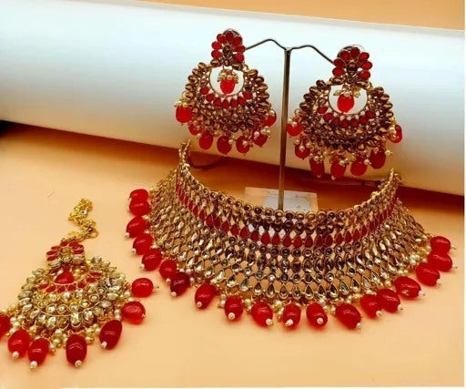 Red Pearls Gold Plated Jewellery Set for Women