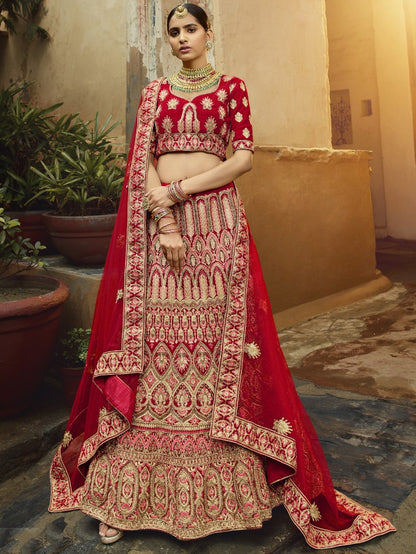 Red pure velvet Thread and zari work bridal heavy lehenga choli