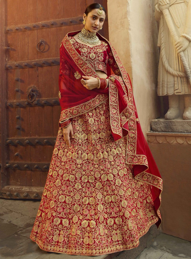 Red pure velvet Thread and zari work bridal heavy lehenga choli