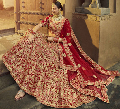 Red pure velvet Thread and zari work bridal heavy lehenga choli