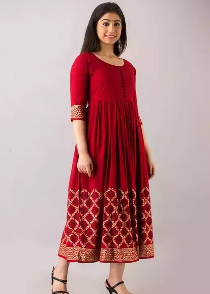 Red rayon printed anarkali frock kurti