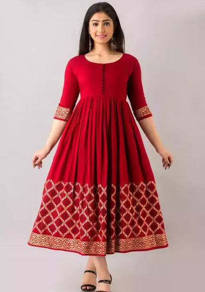 Red rayon printed anarkali frock kurti