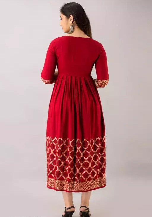 Red rayon printed anarkali frock kurti