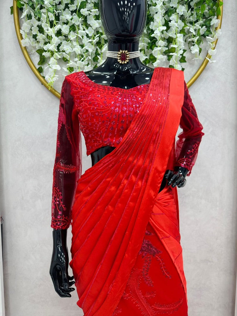 Red satin silk thread sequence work lehenga saree