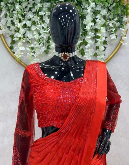 Red satin silk thread sequence work lehenga saree