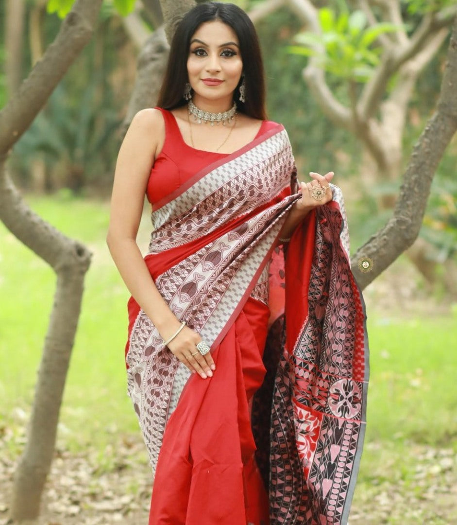 Red soft lichi silk jacquard weaving work party wear saree