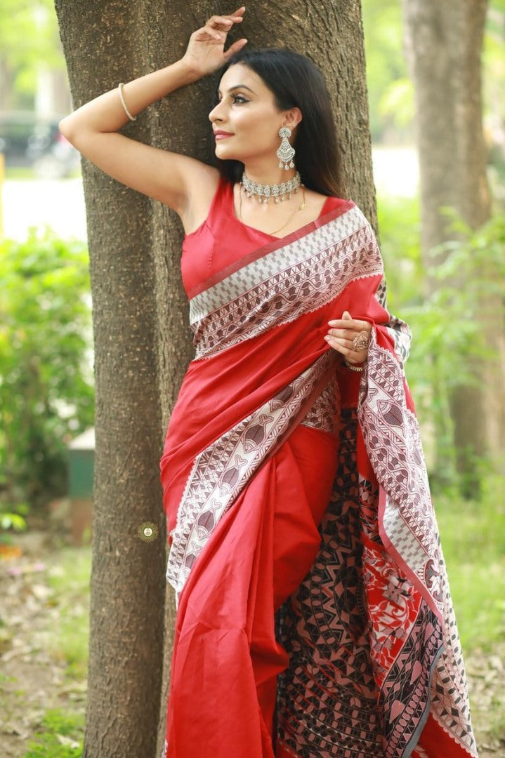 Red soft lichi silk jacquard weaving work party wear saree