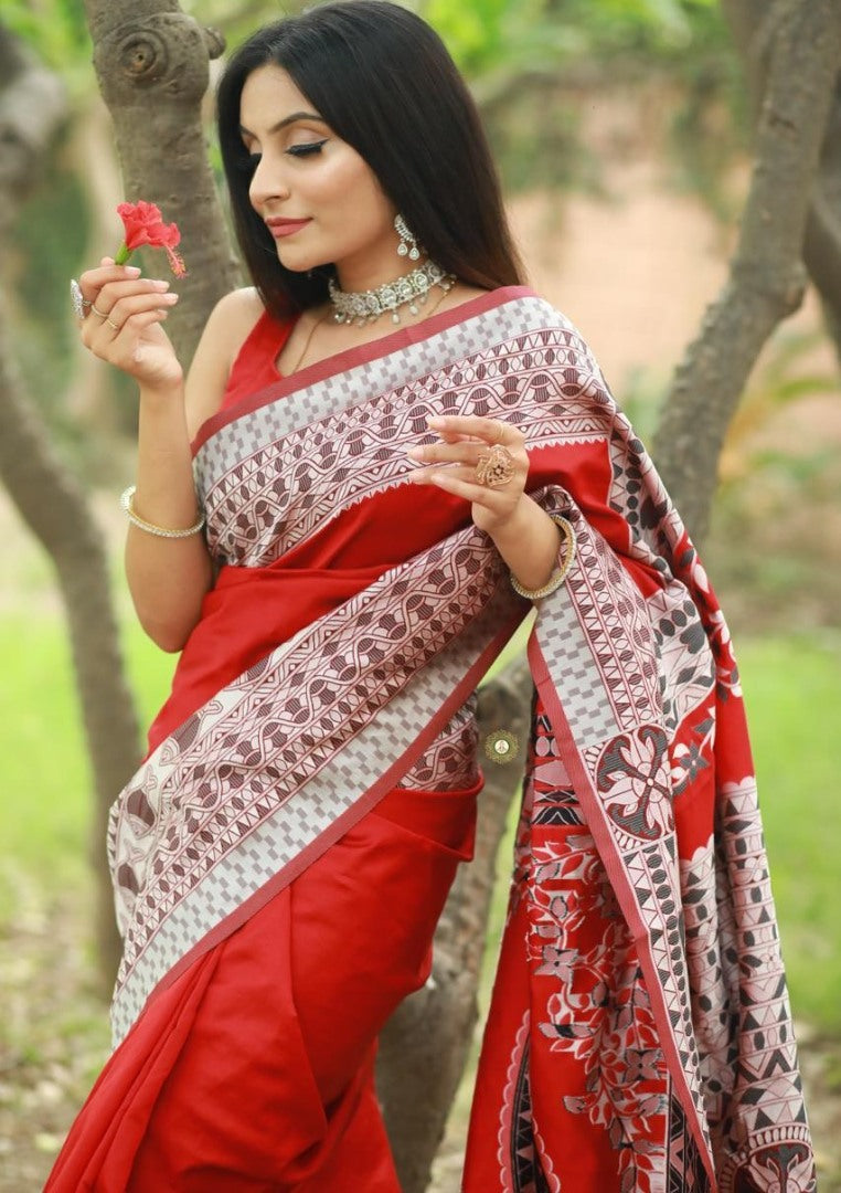 Red soft lichi silk jacquard weaving work party wear saree