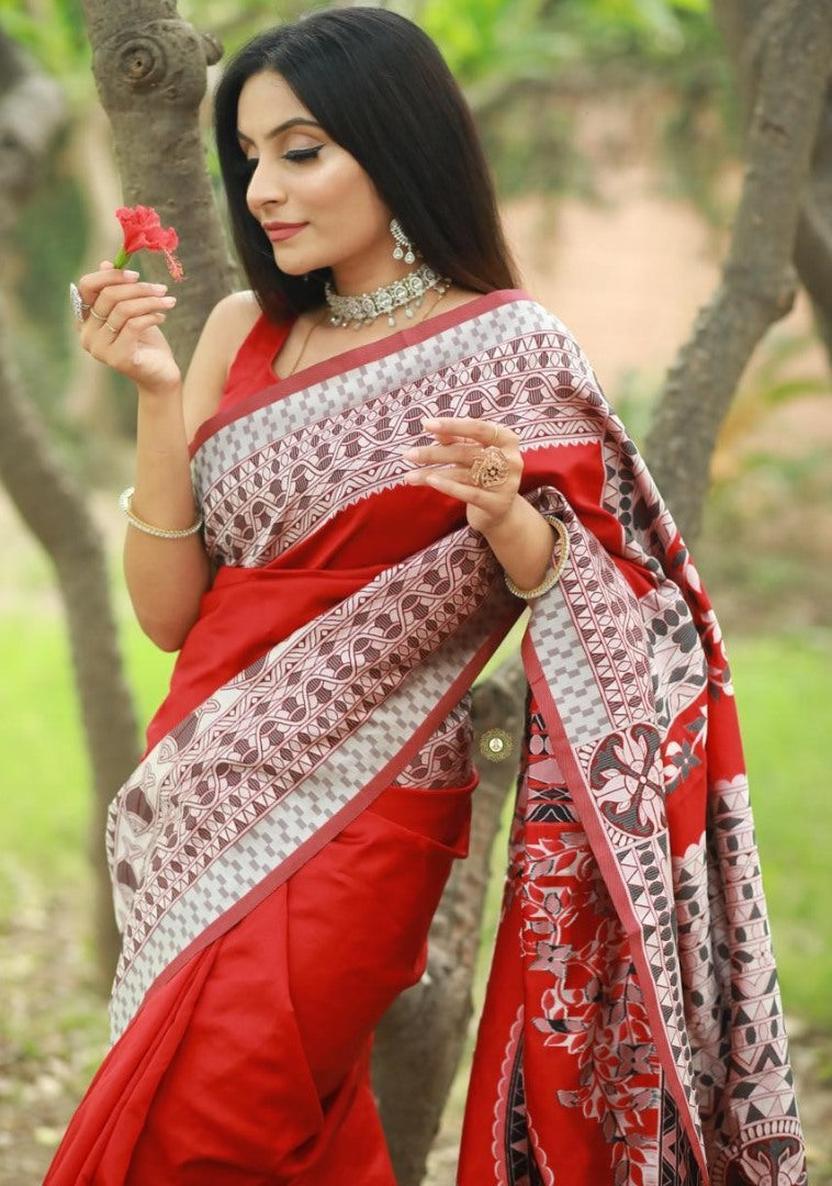 Red soft lichi silk jacquard weaving work party wear saree