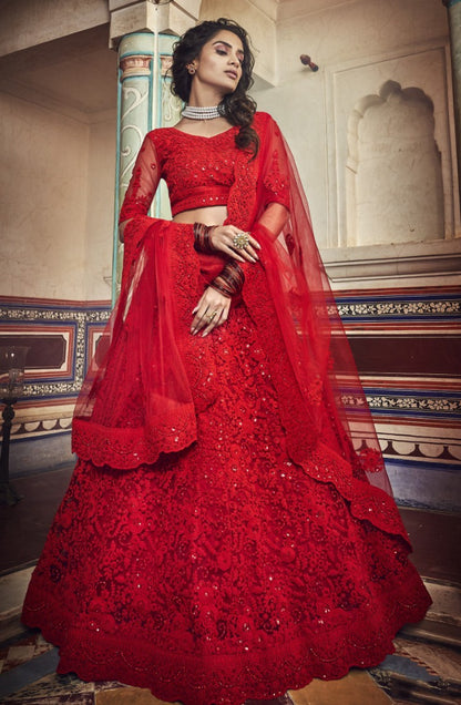 Red soft net sequence work bridal and party wear lehenga choli